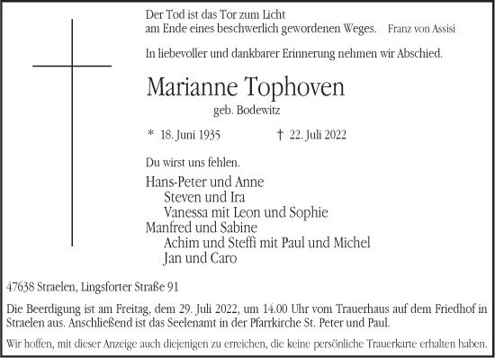 Traueranzeige von Marianne Tophoven 