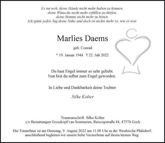 Traueranzeige von Marlies Daems 