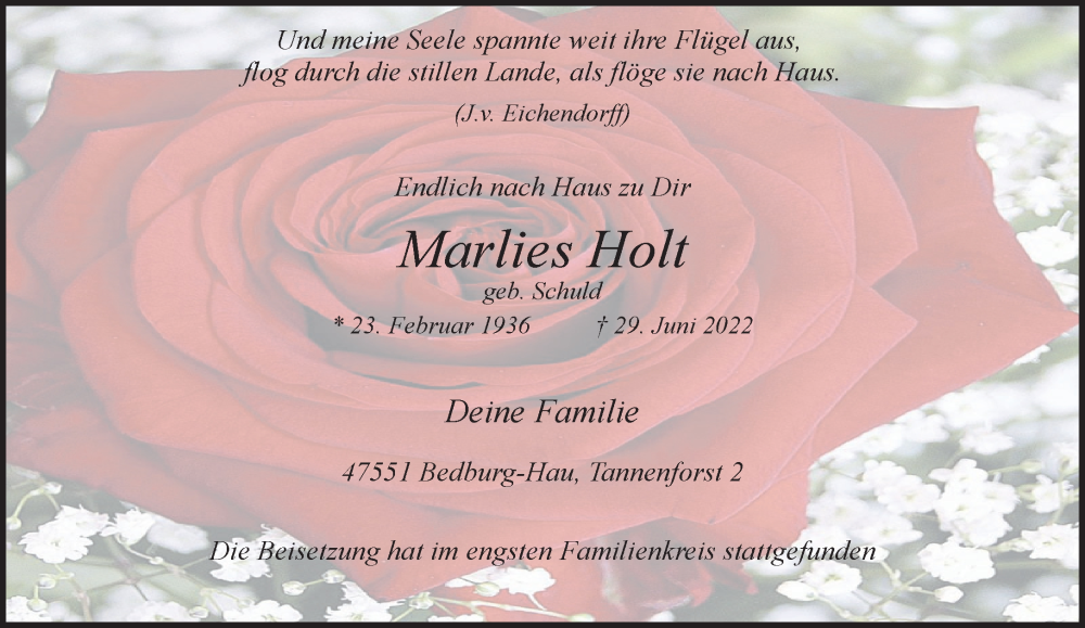  Traueranzeige für Marlies Holt vom 16.07.2022 aus 