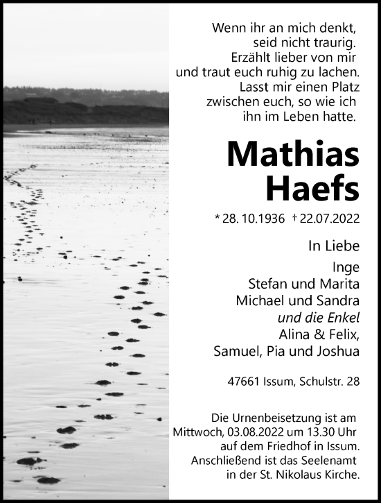 Traueranzeige von Mathias Haefs 