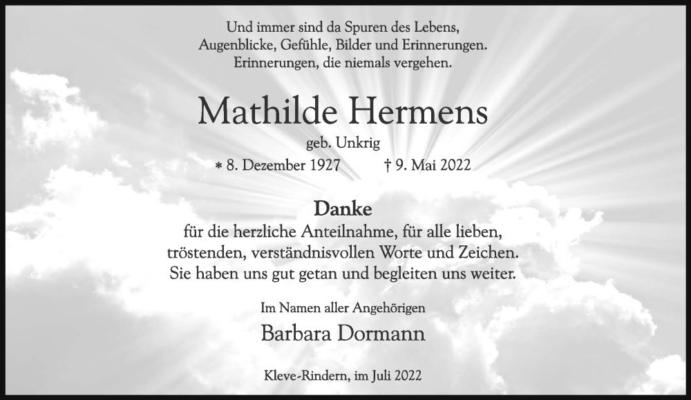  Traueranzeige für Mathilde Hermens vom 16.07.2022 aus 