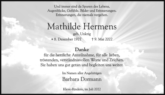 Traueranzeige von Mathilde Hermens 