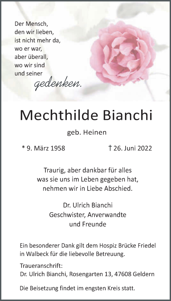 Traueranzeige von Mechthilde Bianchi 