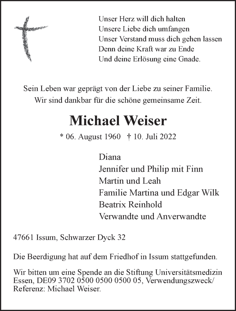  Traueranzeige für Michael Weiser vom 16.07.2022 aus 