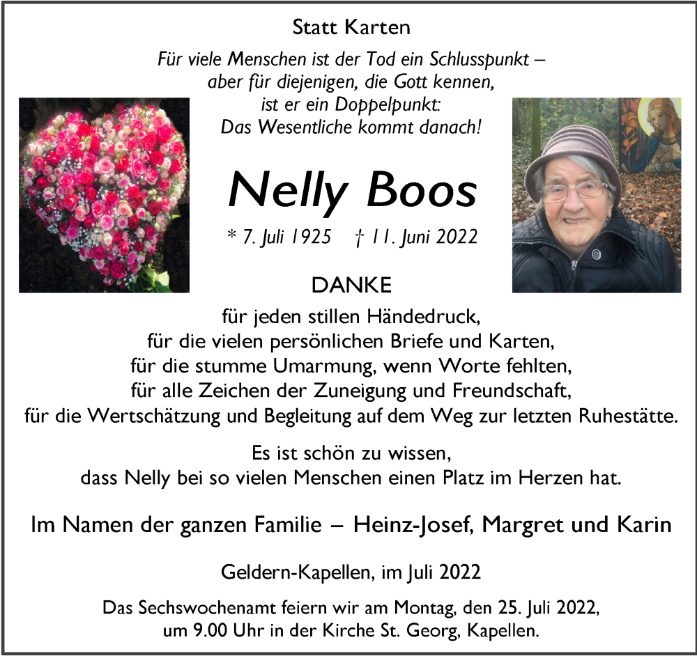  Traueranzeige für Nelly Boos vom 16.07.2022 aus 