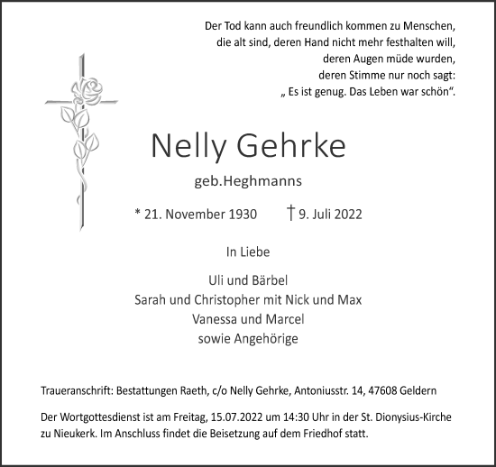 Traueranzeige von Nelly Gehrke 