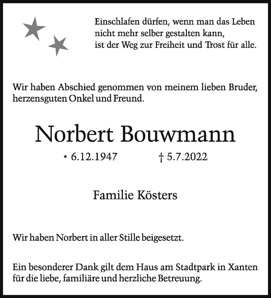  Traueranzeige für Norbert Bouwmann vom 16.07.2022 aus 