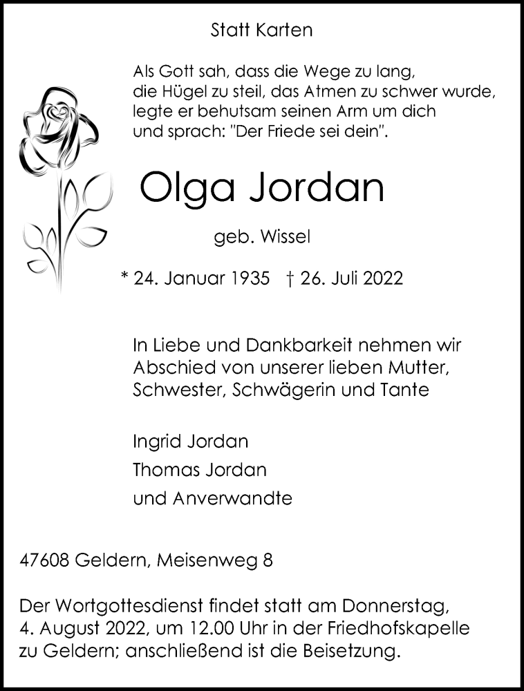  Traueranzeige für Olga Jordan vom 30.07.2022 aus 