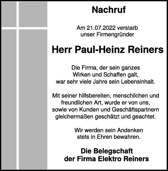 Traueranzeige von Paul-Heinz Reiners 