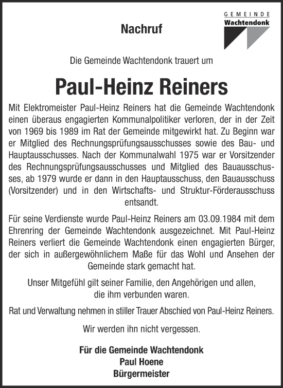 Traueranzeige von Paul-Heinz Reiners 