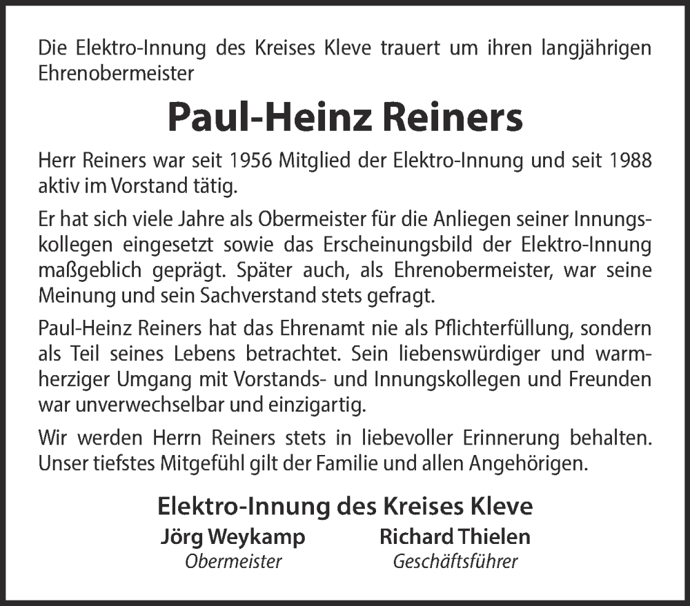  Traueranzeige für Paul-Heinz Reiners vom 30.07.2022 aus 