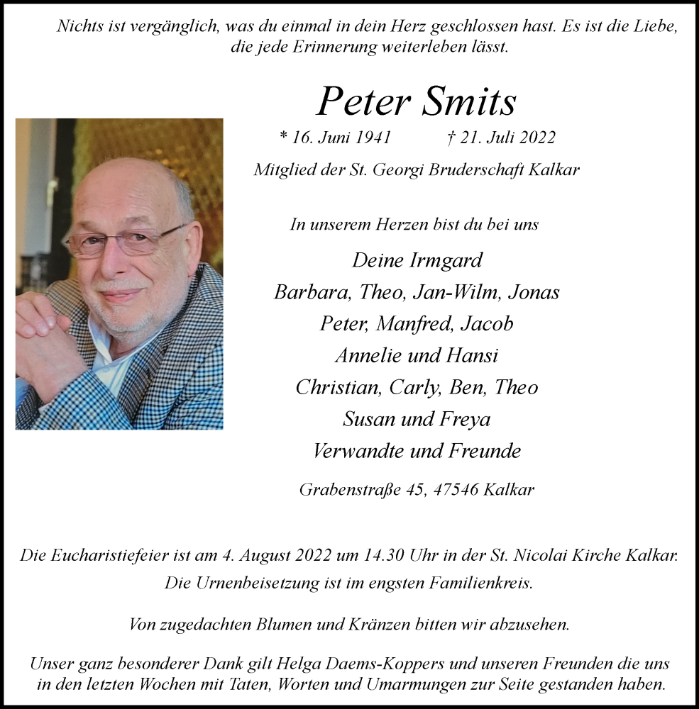  Traueranzeige für Peter Smits vom 30.07.2022 aus 