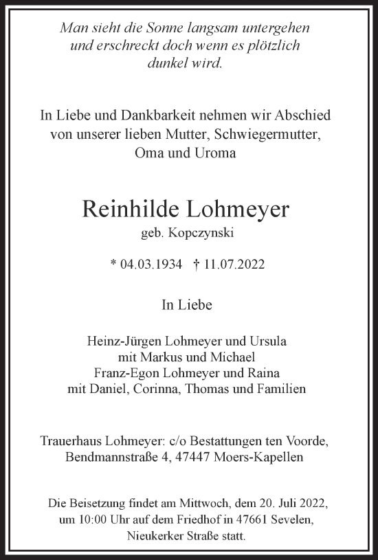 Traueranzeige von Reinhilde Lohmeyer 