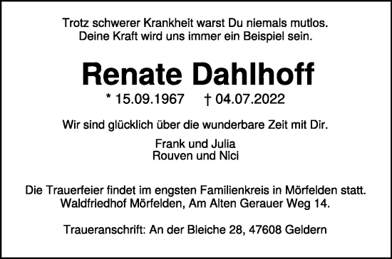 Traueranzeige von Renate Dahlhoff 