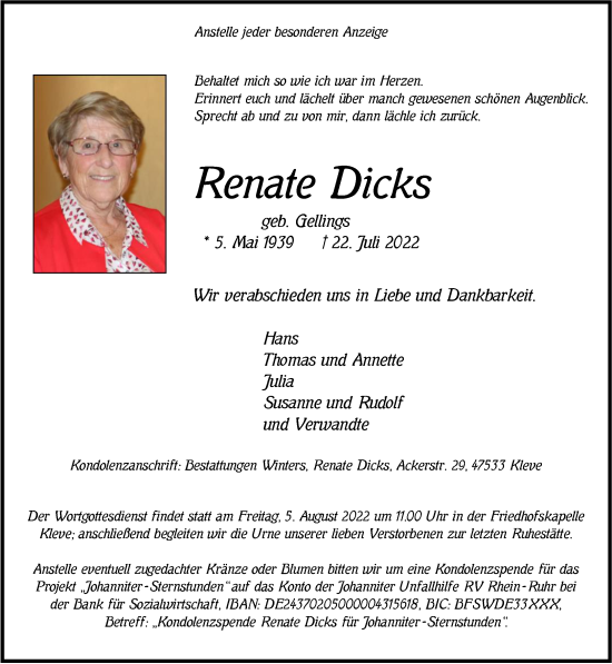 Traueranzeige von Renate Dicks 