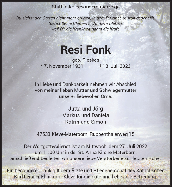 Traueranzeige von Resi Fonk 