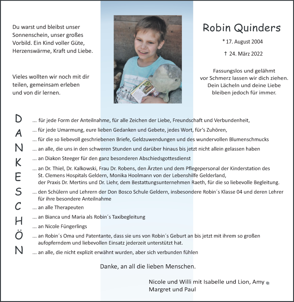  Traueranzeige für Robin Quinders vom 16.07.2022 aus 