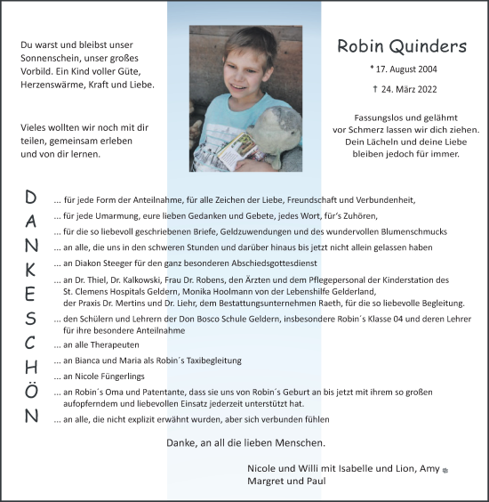 Traueranzeige von Robin Quinders 
