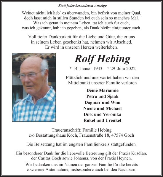 Traueranzeige von Rolf Hebing 