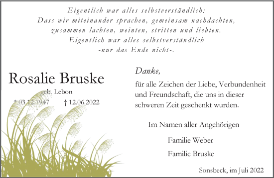 Traueranzeige von Rosalie Bruske 