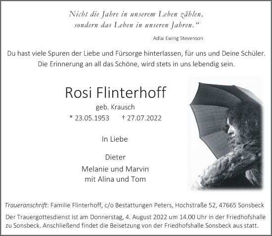 Traueranzeige von Rosi Flinterhoff 
