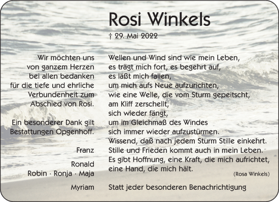 Traueranzeige von Rosi Winkels 