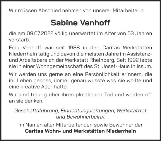 Traueranzeige von Sabine Venhoff 