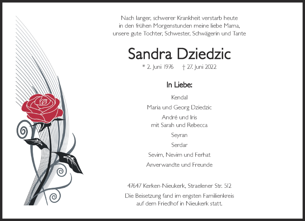  Traueranzeige für Sandra Dziedzic vom 16.07.2022 aus 