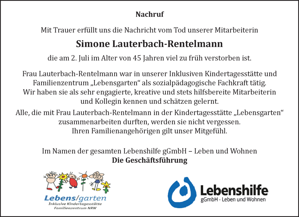  Traueranzeige für Simone Lauterbach-Rentelmann vom 30.07.2022 aus 