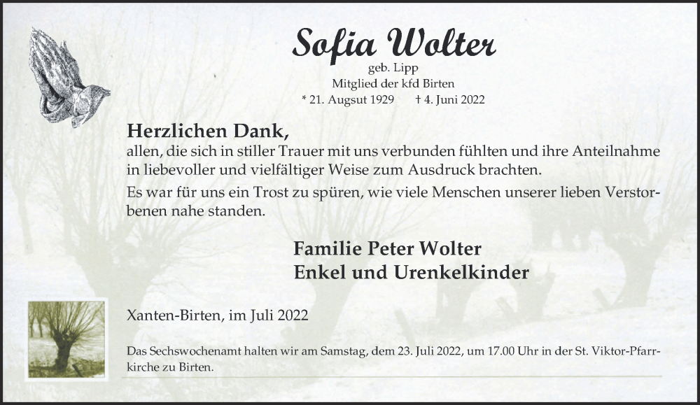  Traueranzeige für Sofia Wolter vom 20.07.2022 aus 
