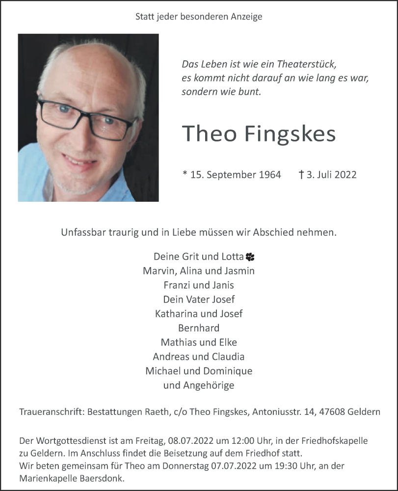  Traueranzeige für Theo Fingskes vom 06.07.2022 aus 