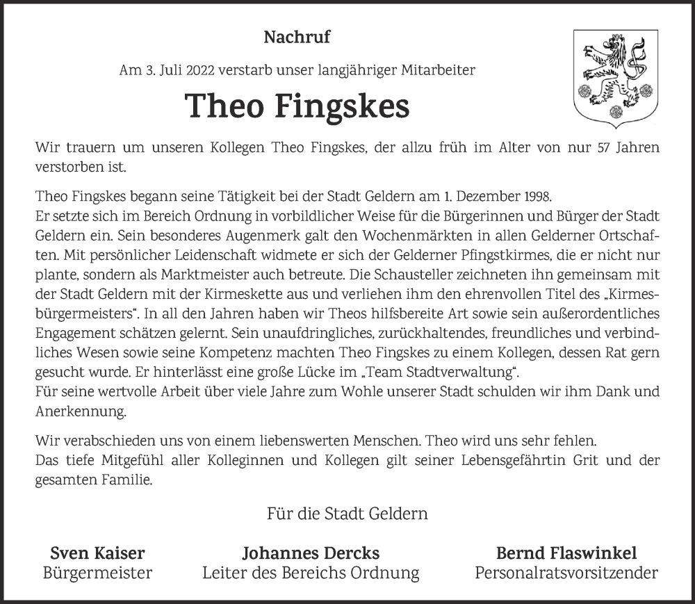  Traueranzeige für Theo Fingskes vom 13.07.2022 aus 