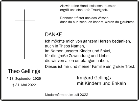 Traueranzeige von Theo Gellings 