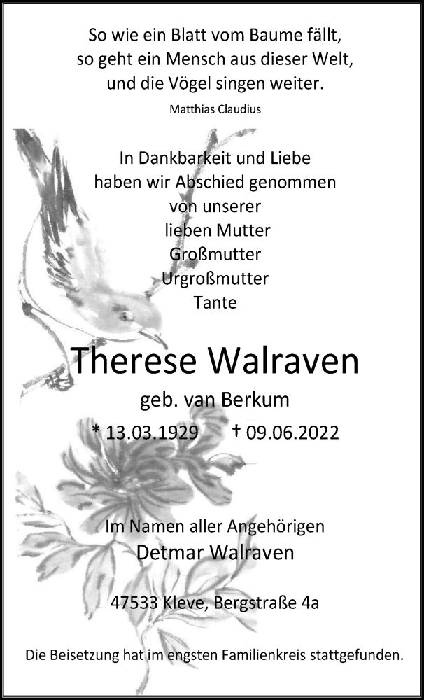  Traueranzeige für Therese Walraven vom 02.07.2022 aus 