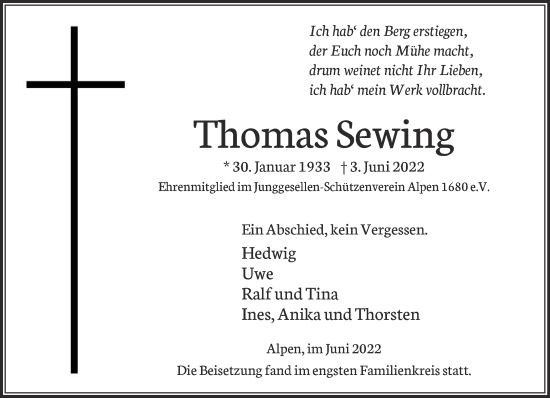 Traueranzeige von Thomas Sewing 