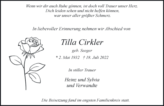 Traueranzeige von Tilla Cirkler 