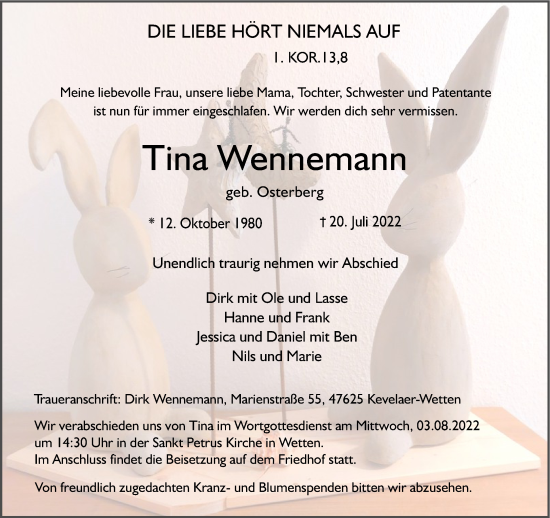 Traueranzeige von Tina Wennemann 