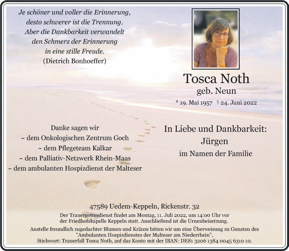  Traueranzeige für Tosca Noth vom 02.07.2022 aus 