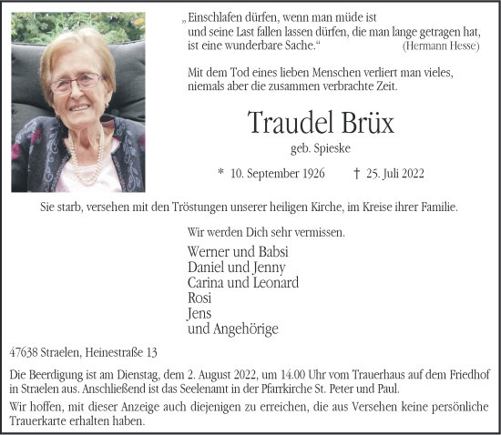 Traueranzeige von Traudel Brüx 