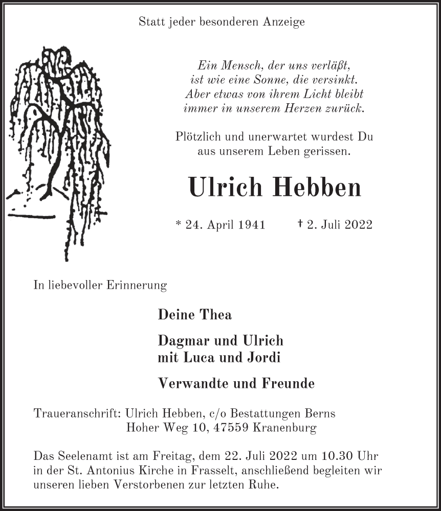  Traueranzeige für Ulrich Hebben vom 16.07.2022 aus 
