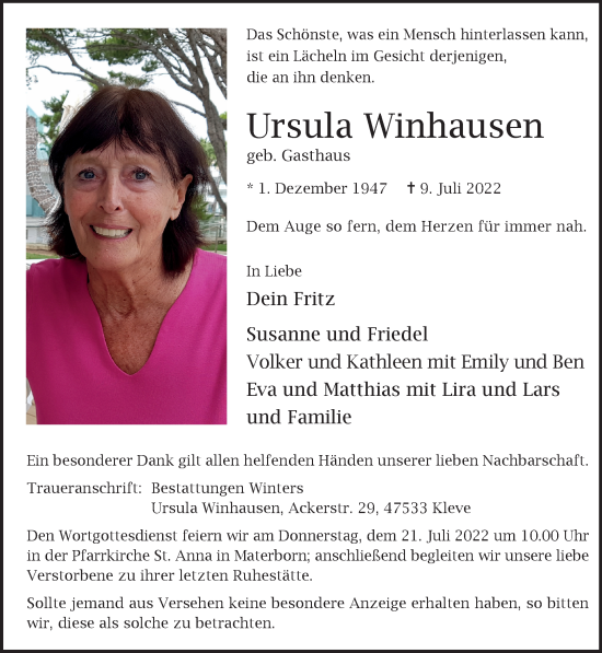 Traueranzeige von Ursula Winhausen 