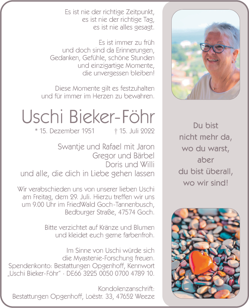  Traueranzeige für Uschi Bieker-Föhr vom 23.07.2022 aus 