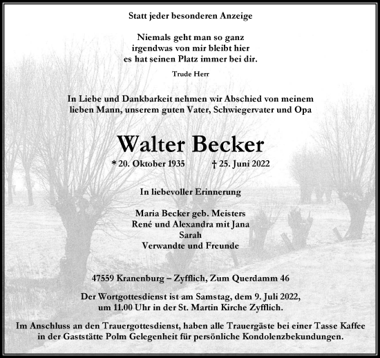 Traueranzeige von Walter Becker 