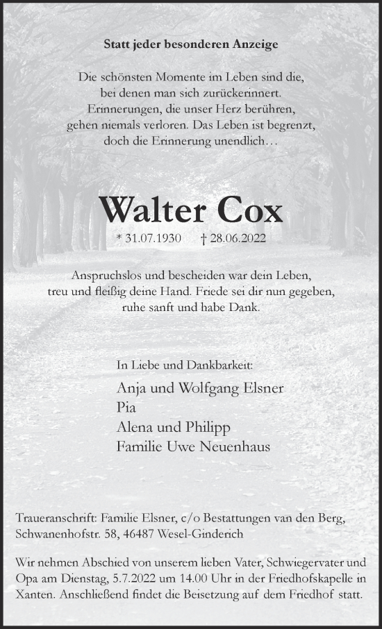 Traueranzeige von Walter Cox 