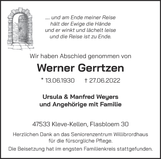 Traueranzeige von Werner Gerrtzen 