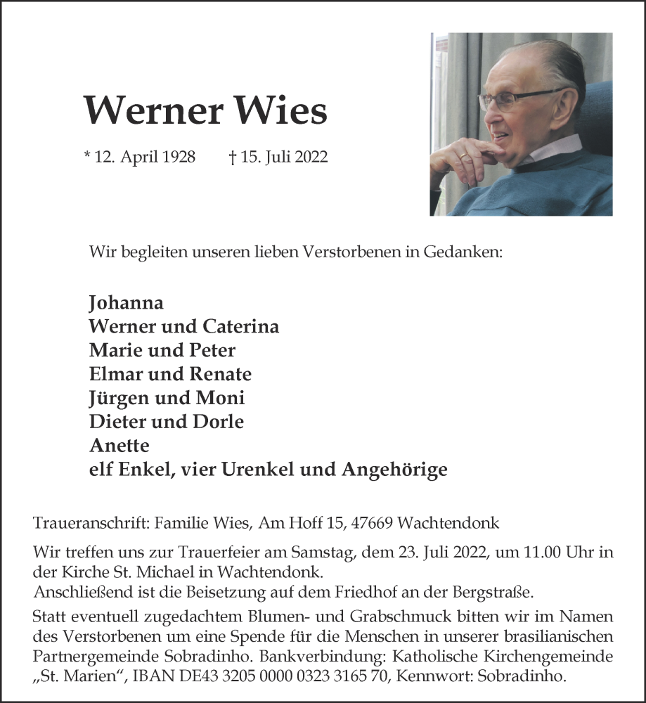  Traueranzeige für Werner Wies vom 20.07.2022 aus 