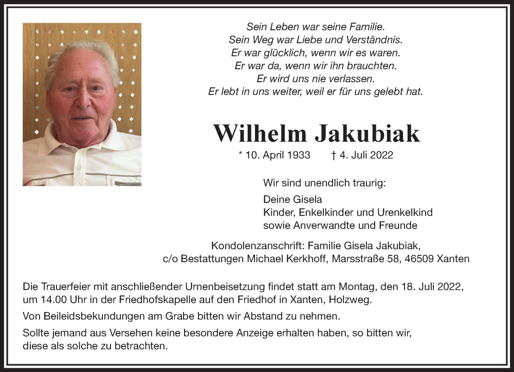  Traueranzeige für Wilhelm Jakubiak vom 13.07.2022 aus 
