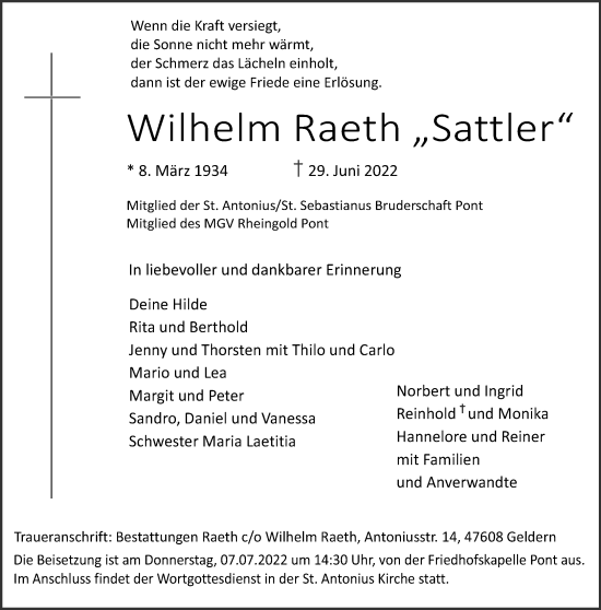 Traueranzeige von Wilhelm Raeth 