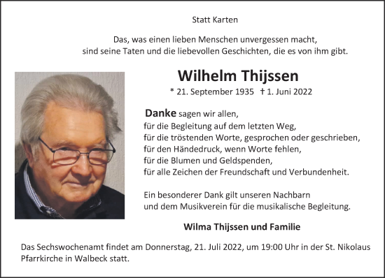 Traueranzeige von Wilhelm Thijssen 