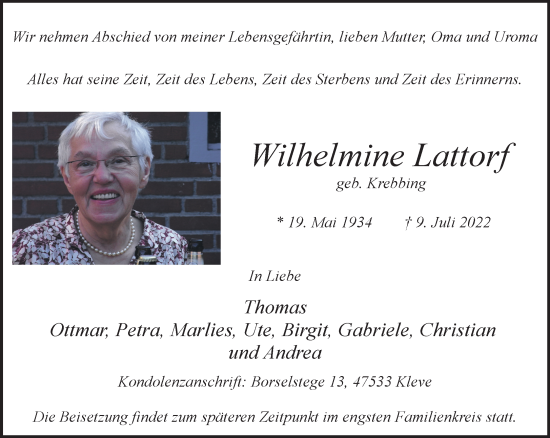 Traueranzeige von Wilhelmine Lattorf 